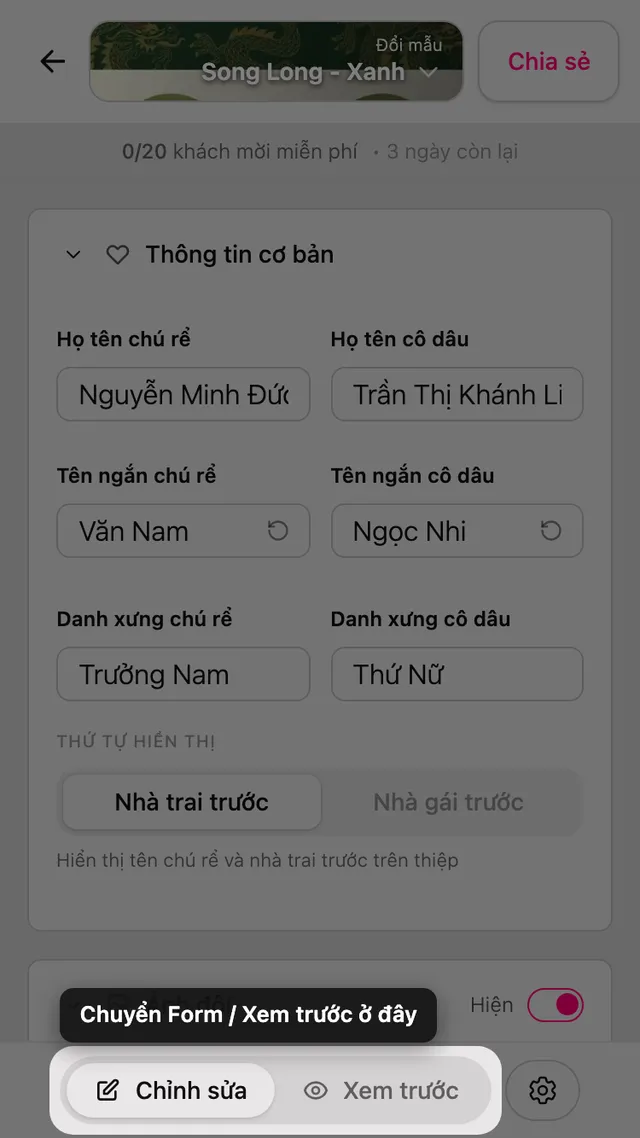 Nút chuyển giữa Form và Xem trước