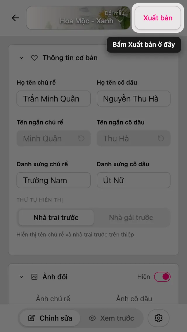 Nút Xuất bản ở đầu trình chỉnh sửa