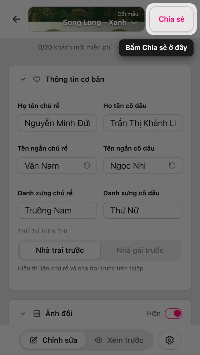 Nút Chia sẻ trong trình chỉnh sửa