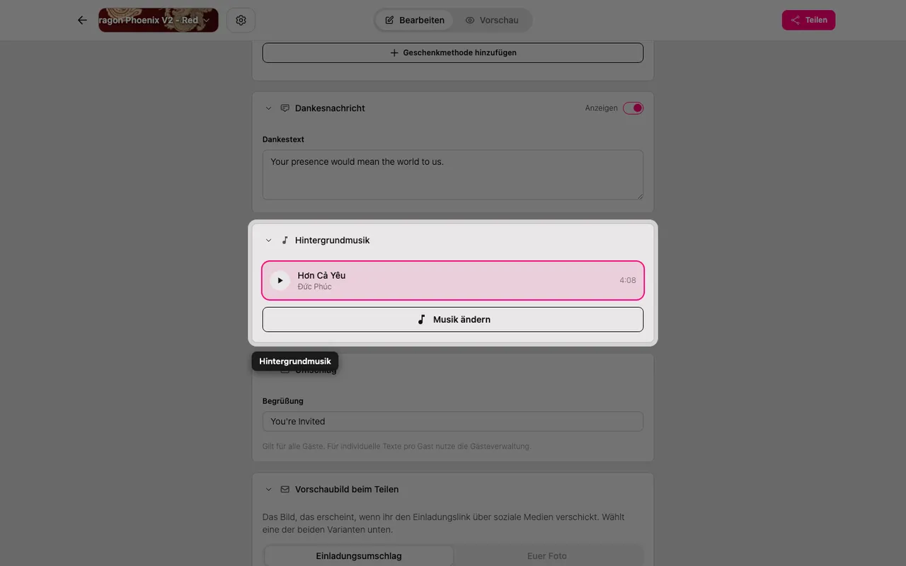 Der Abschnitt Hintergrundmusik im Editor