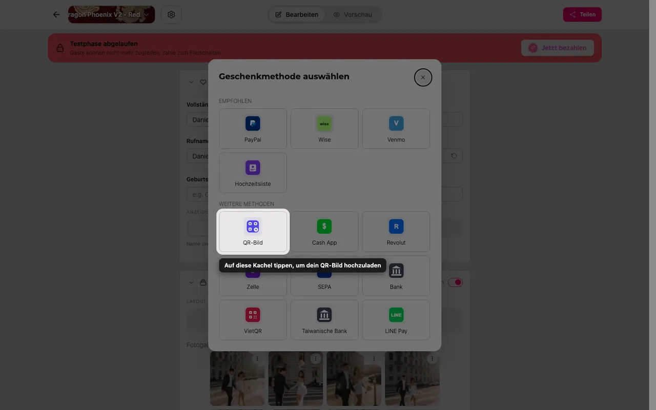Die Kachel zum Hochladen eines QR-Codes in der Methodenauswahl