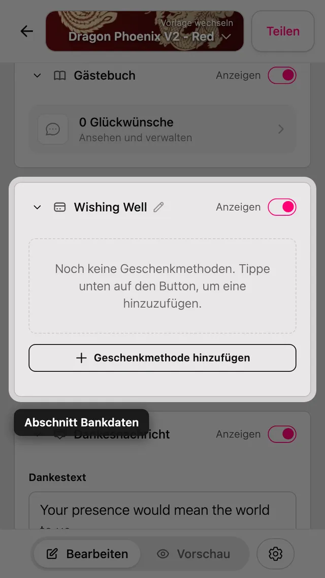Der Abschnitt Geschenkangaben im Editor