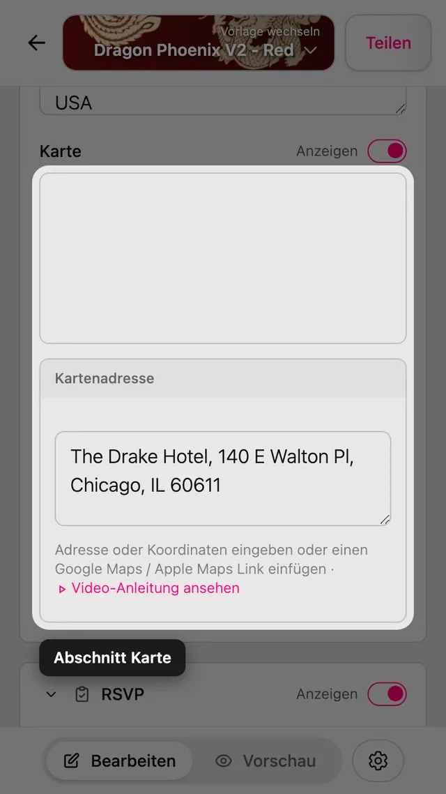 Der Abschnitt Karte im Editor