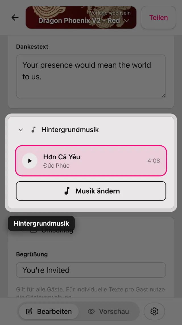 Der Abschnitt Hintergrundmusik im Editor