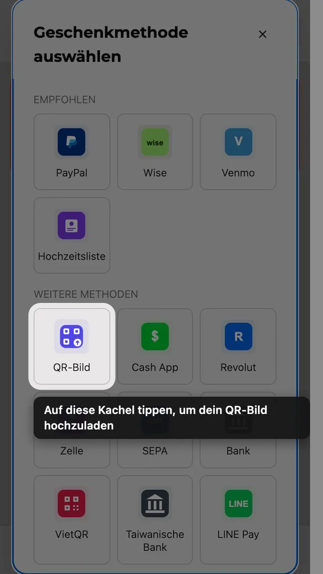 Die Kachel zum Hochladen eines QR-Codes in der Methodenauswahl
