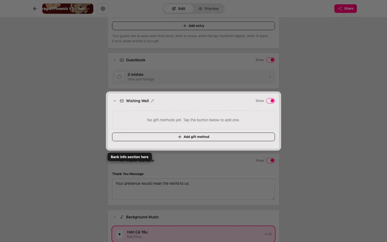 The gift details section in the editor