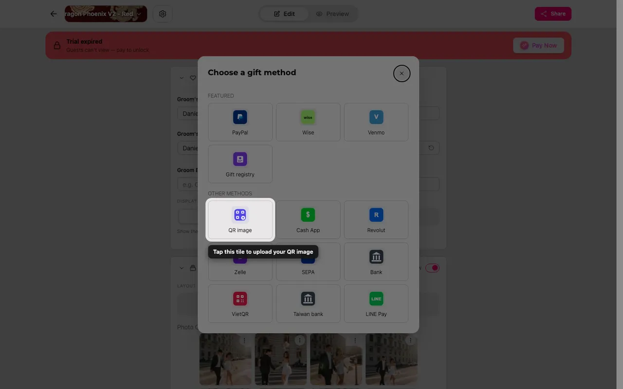 The upload-QR tile in the gift method picker