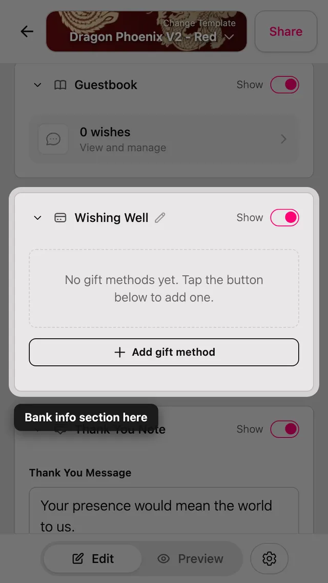 The gift details section in the editor