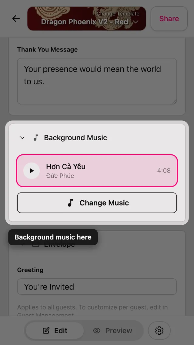 The background Music section in the editor