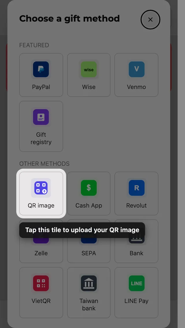 The upload-QR tile in the gift method picker