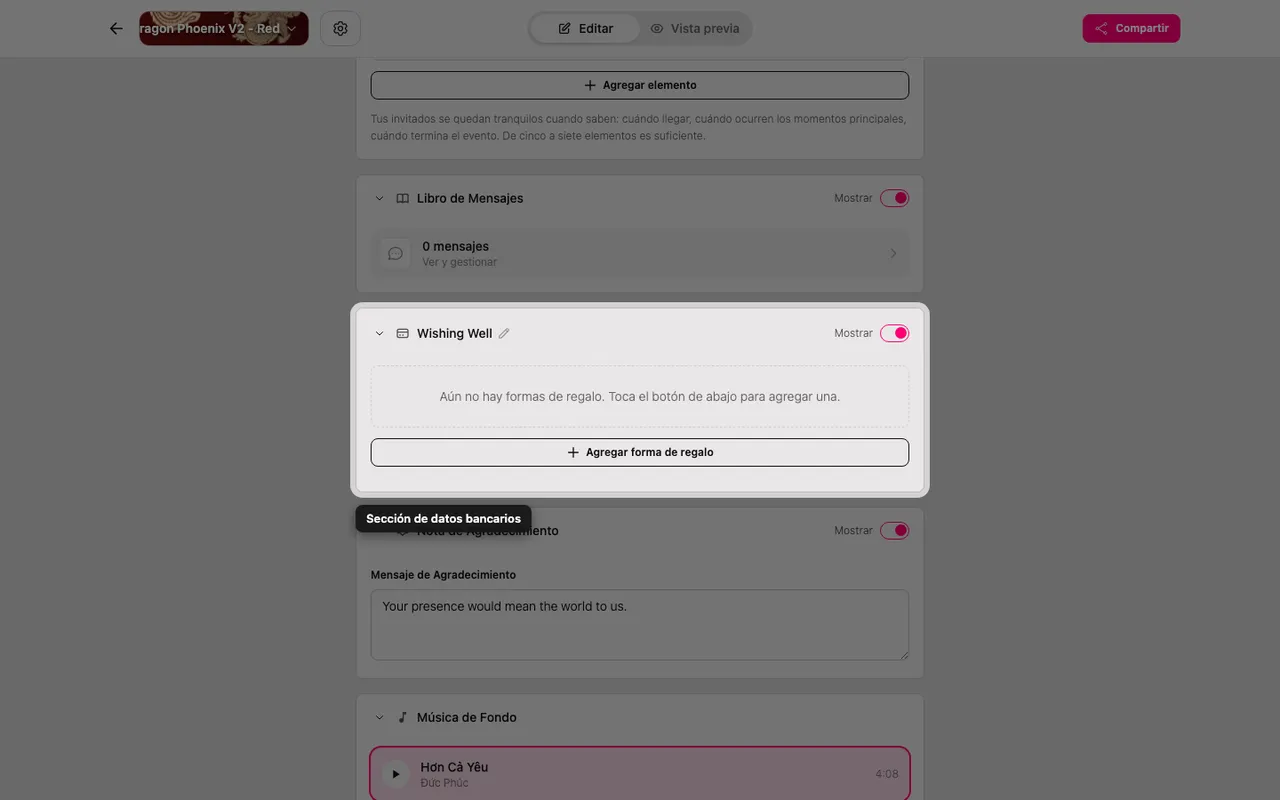 La sección de datos del regalo en el editor