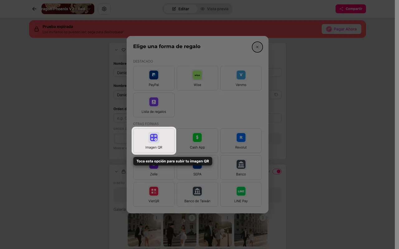 La casilla de subir QR en el selector de método de regalo