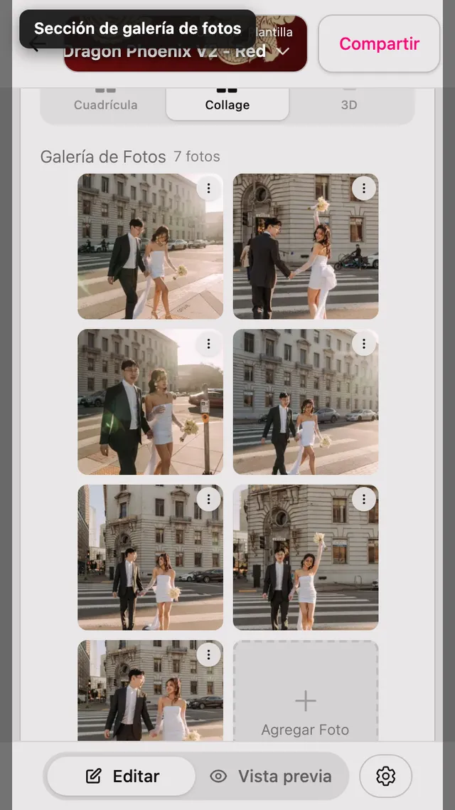 La sección Galería de fotos en el editor