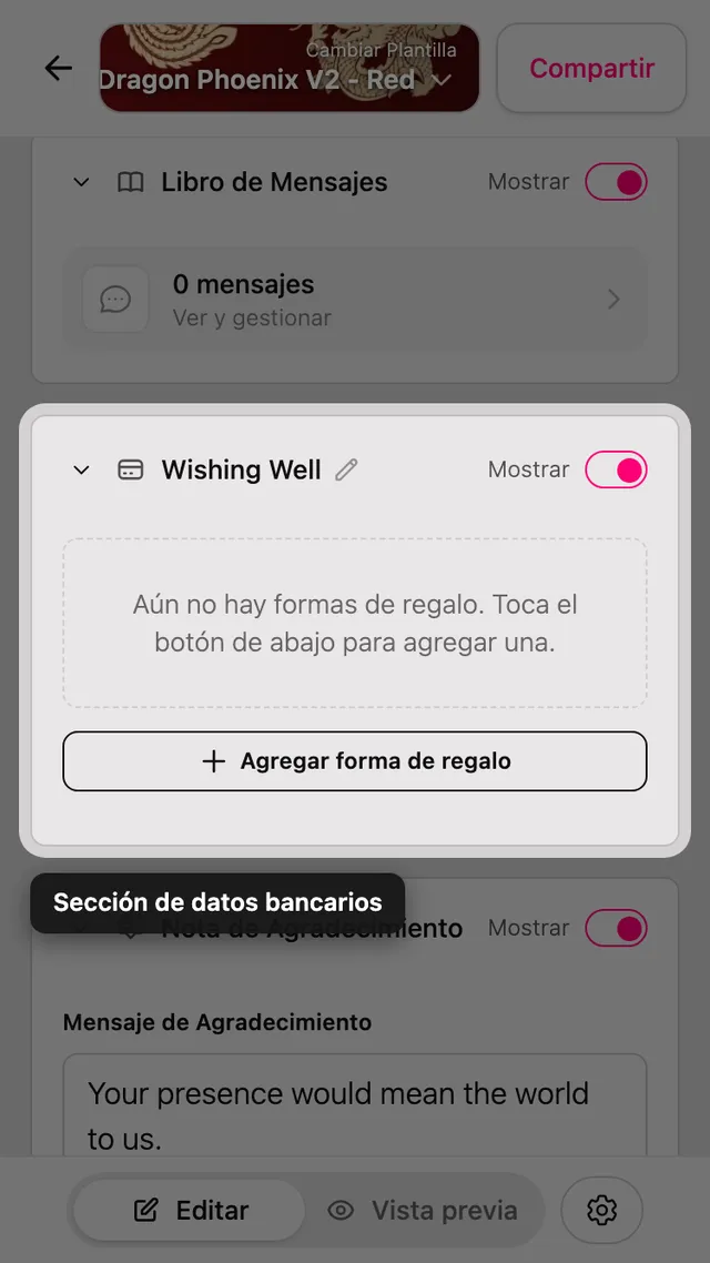 La sección de datos del regalo en el editor