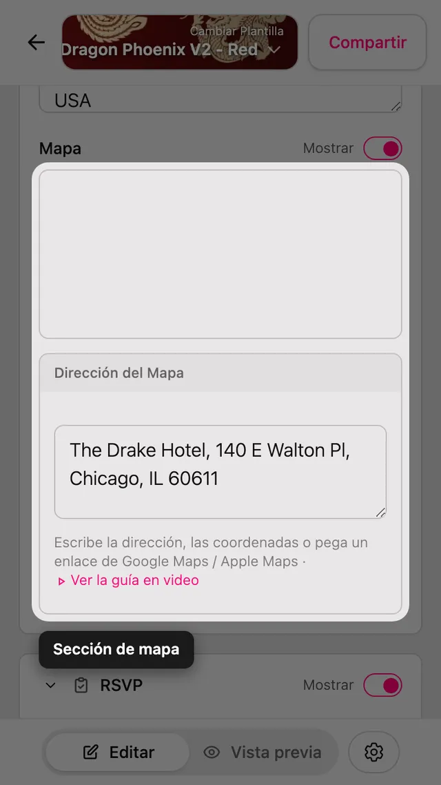 La sección Mapa en el editor