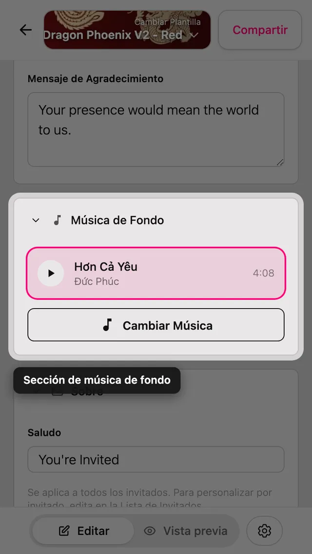 La sección Música de fondo en el editor