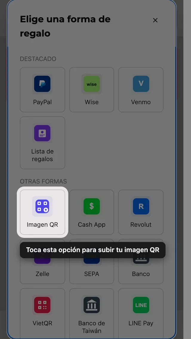 La casilla de subir QR en el selector de método de regalo