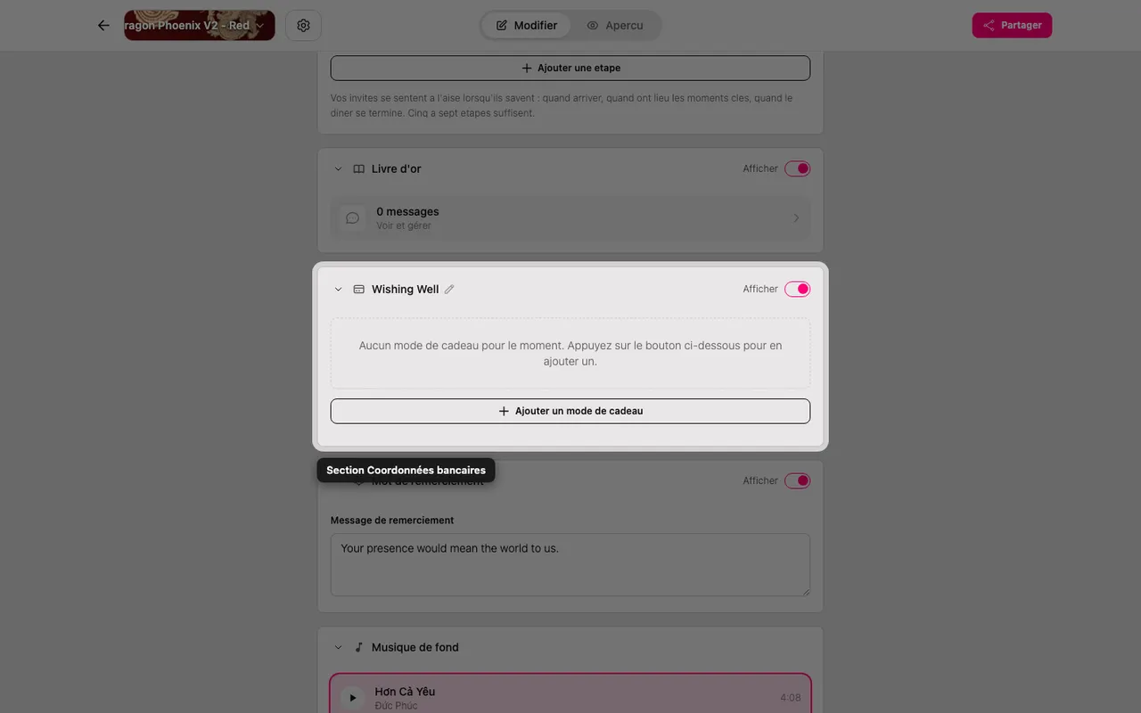 La section des informations de cadeau dans l'éditeur