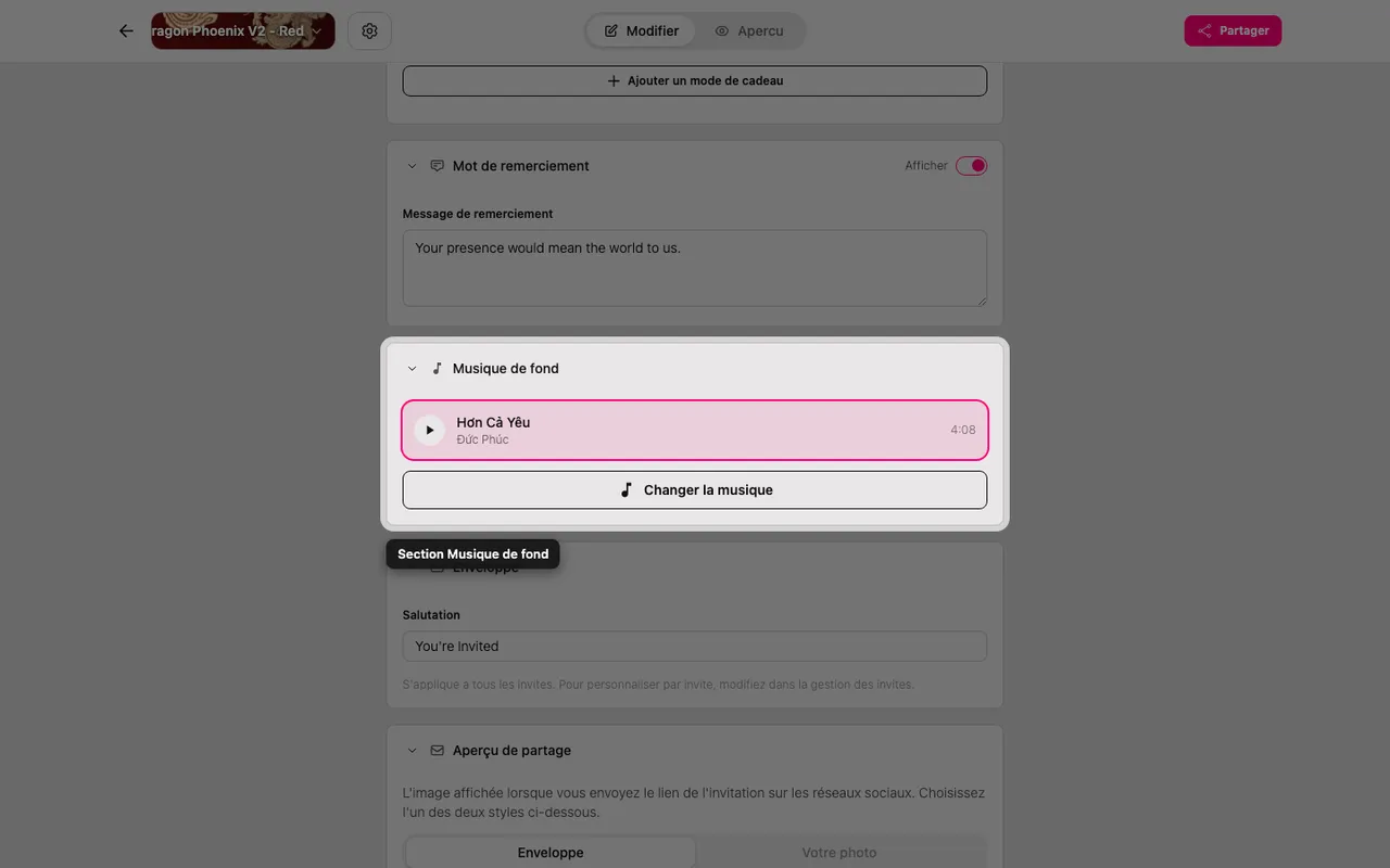 La section Musique de fond dans l'éditeur