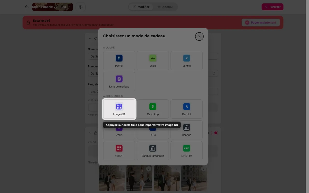 La tuile d'import de QR dans le sélecteur de méthode