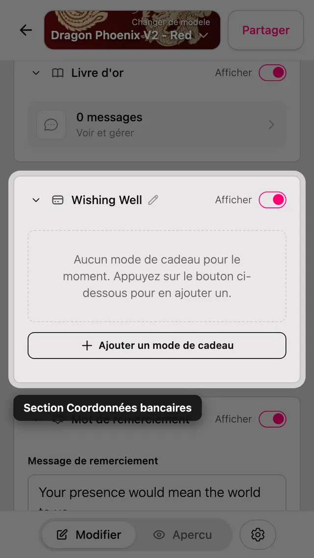 La section des informations de cadeau dans l'éditeur
