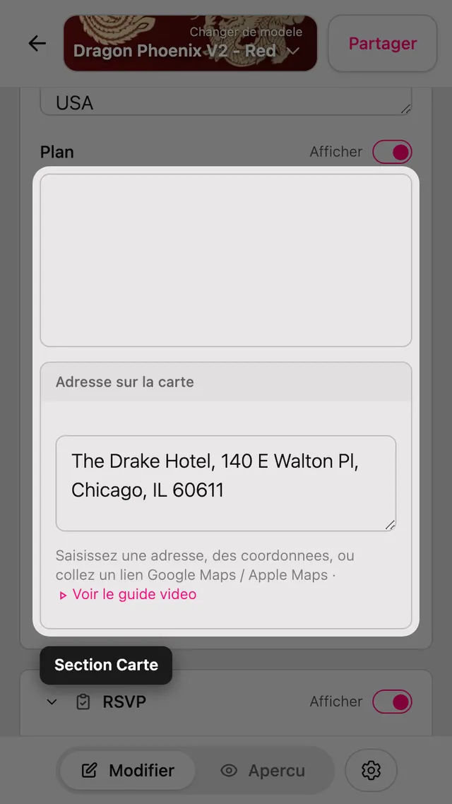 La section Carte dans l'éditeur