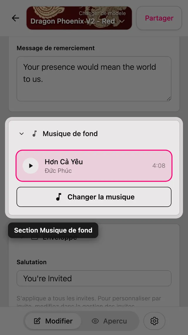 La section Musique de fond dans l'éditeur