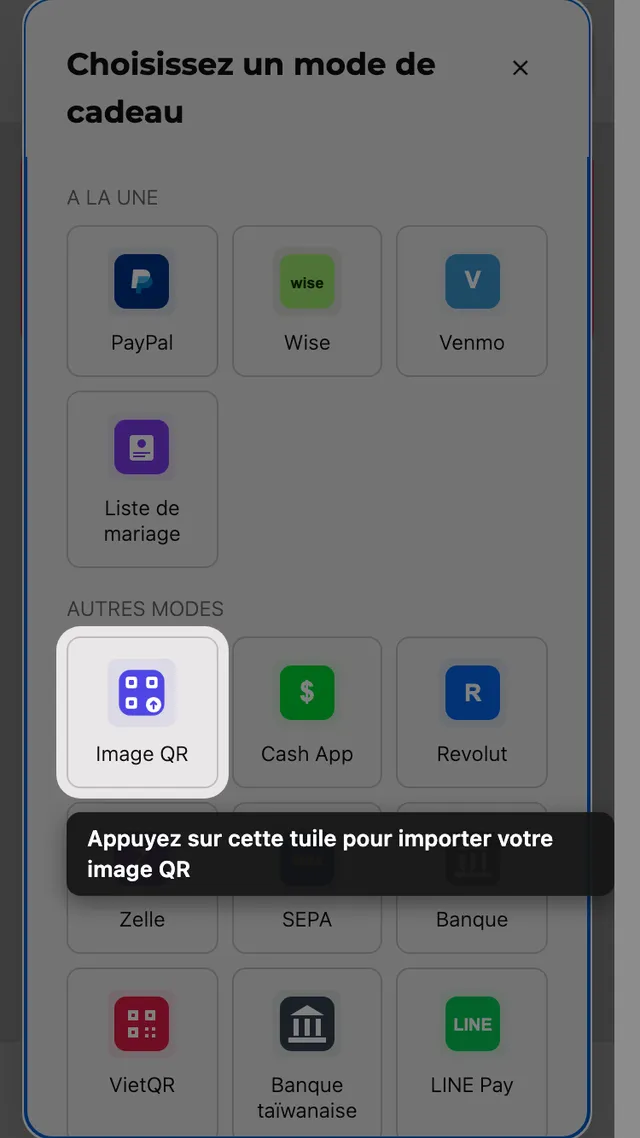 La tuile d'import de QR dans le sélecteur de méthode