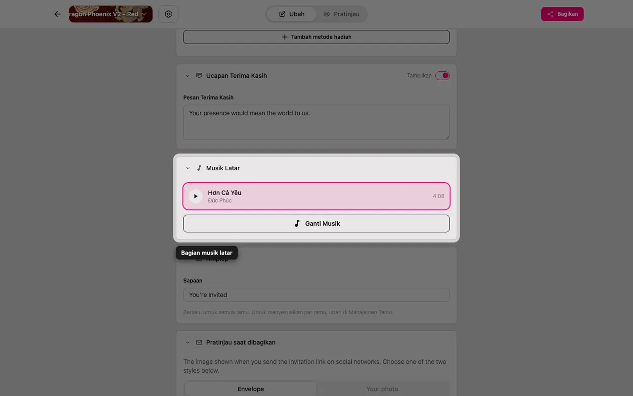 Bagian Musik latar di editor