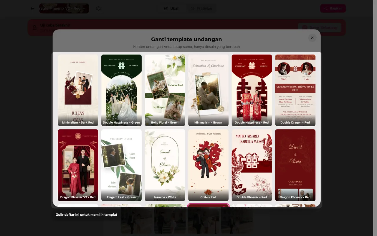 Daftar template di editor