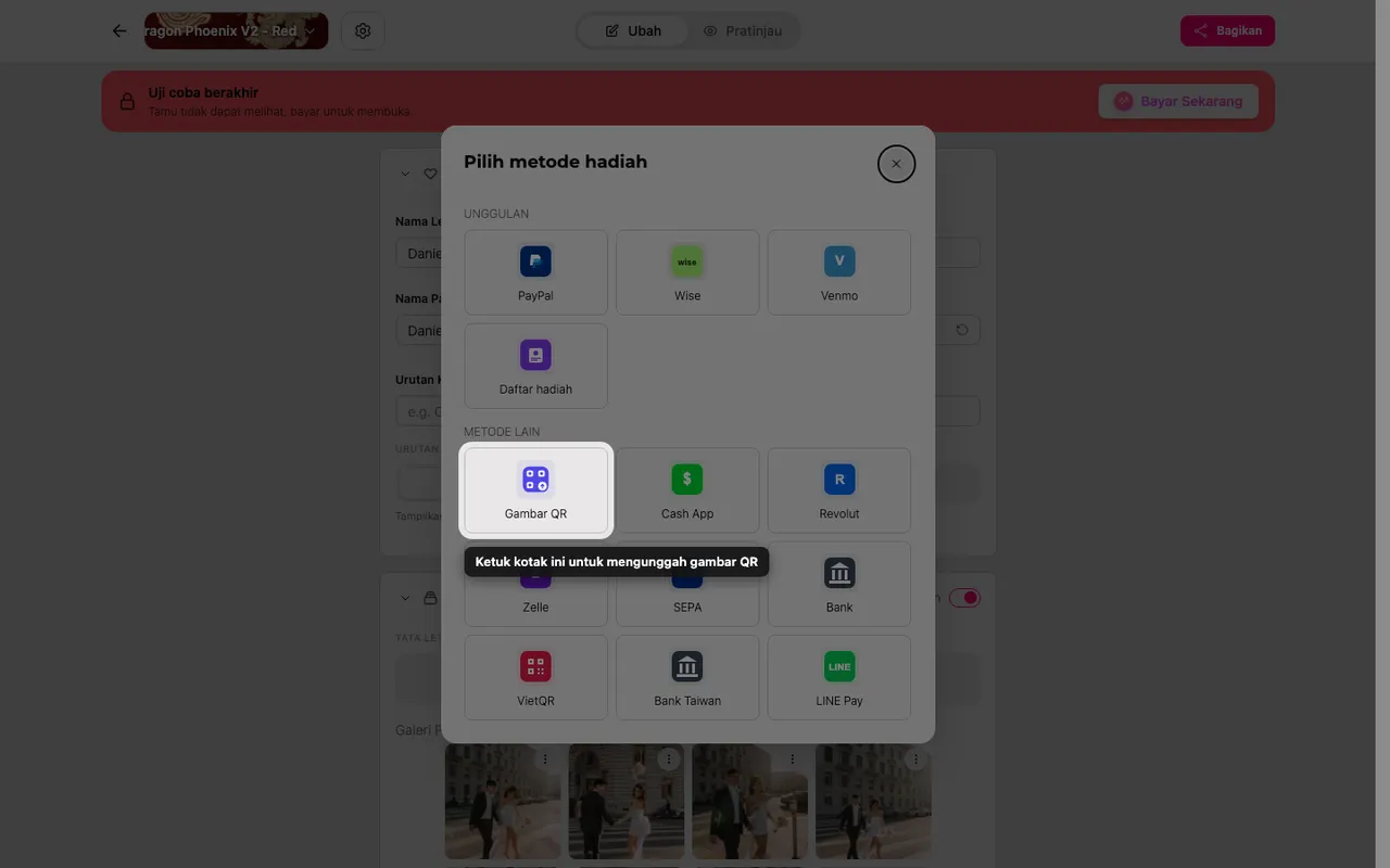 Kotak unggah QR di pemilih metode hadiah