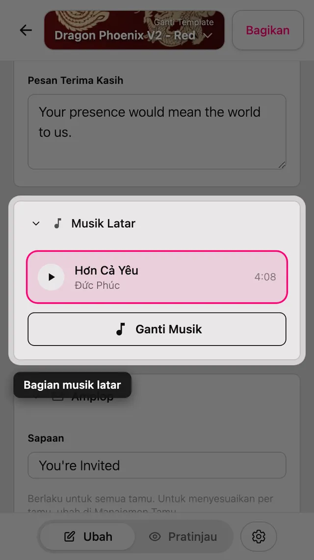 Bagian Musik latar di editor