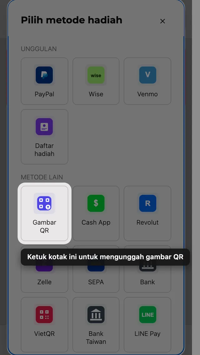 Kotak unggah QR di pemilih metode hadiah