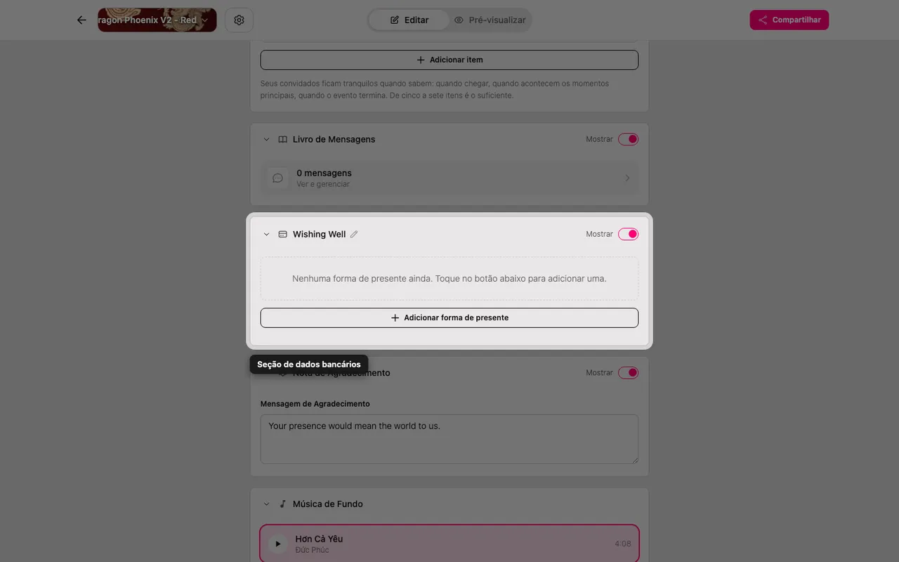 A seção de dados de presente no editor