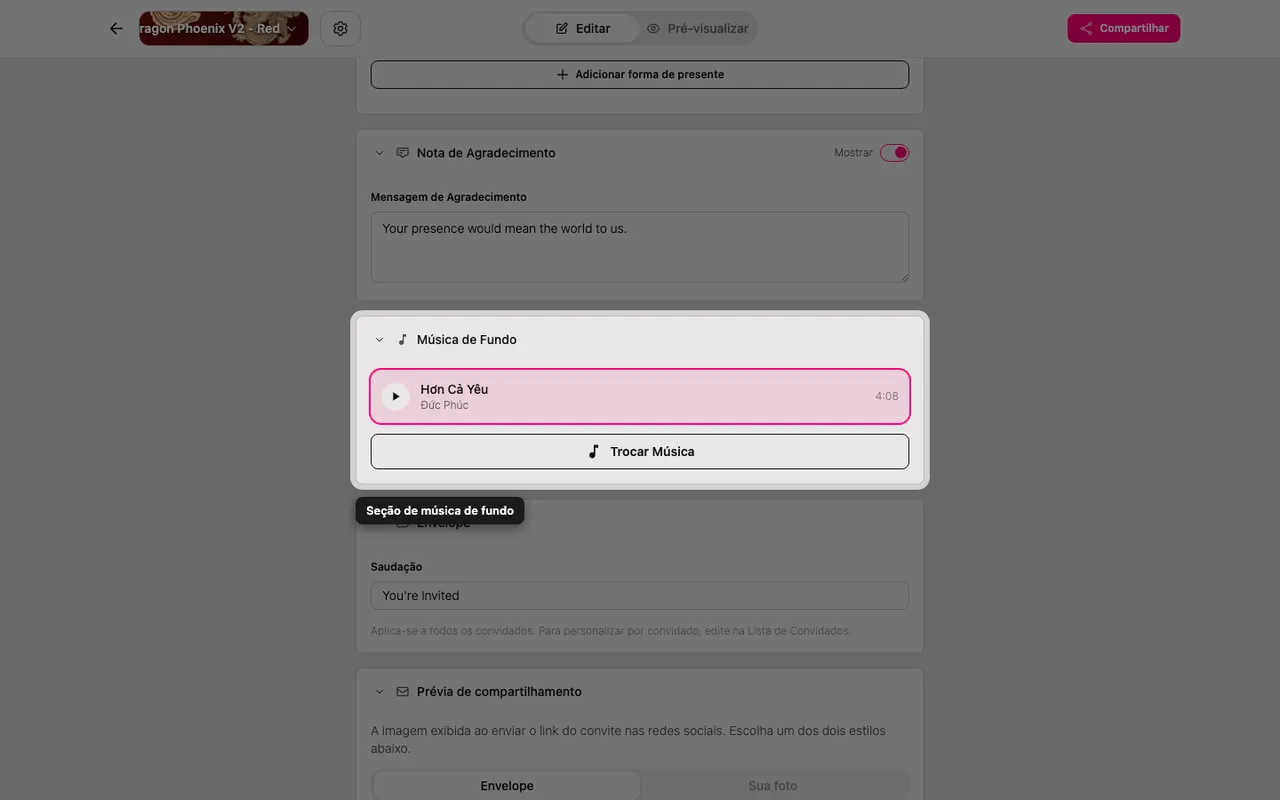 A seção Música de fundo no editor