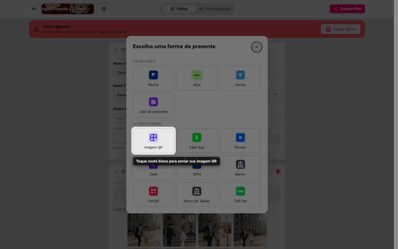A opção de enviar QR no seletor de método de presente