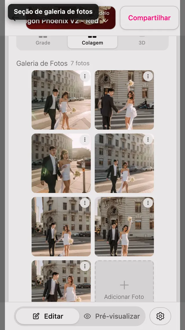 A seção Galeria de fotos no editor