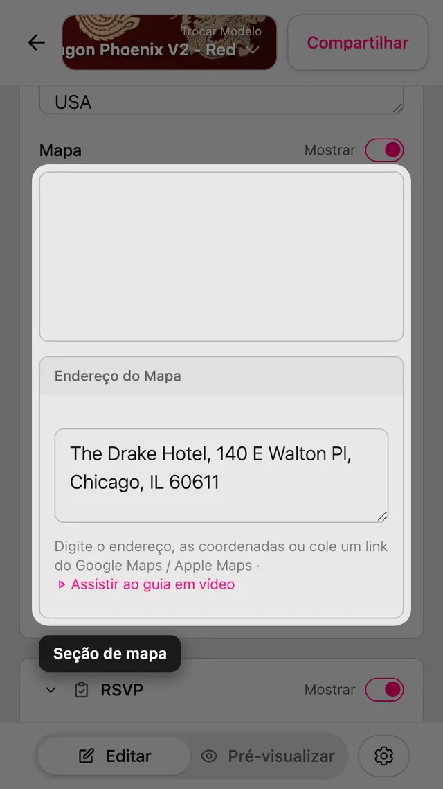 A seção Mapa no editor