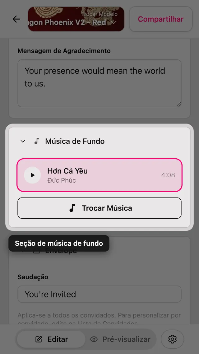 A seção Música de fundo no editor