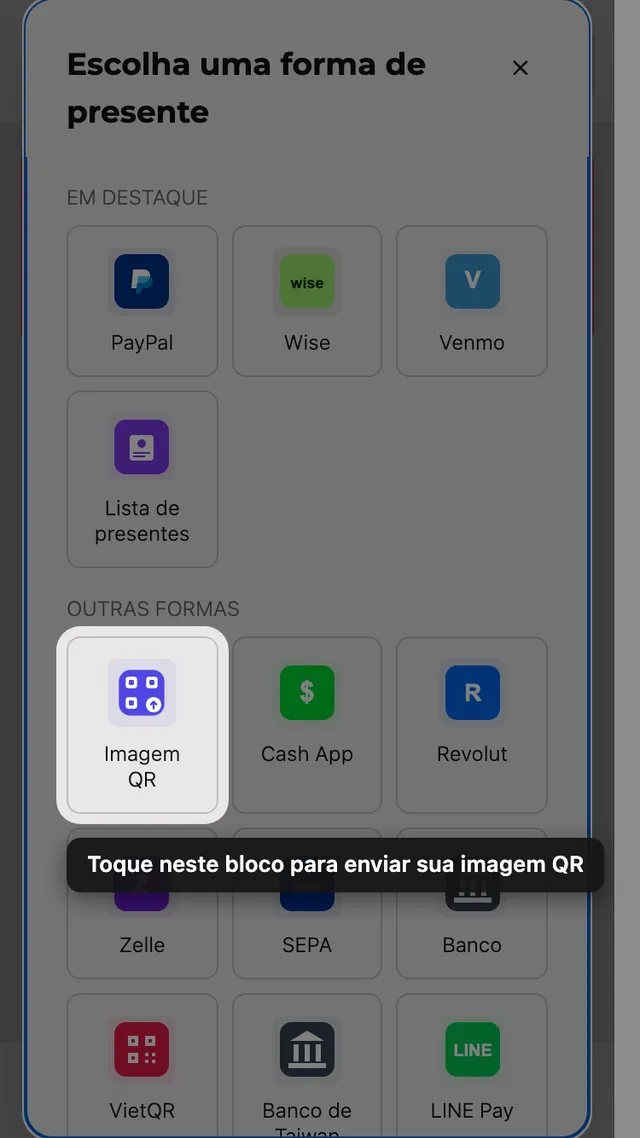 A opção de enviar QR no seletor de método de presente