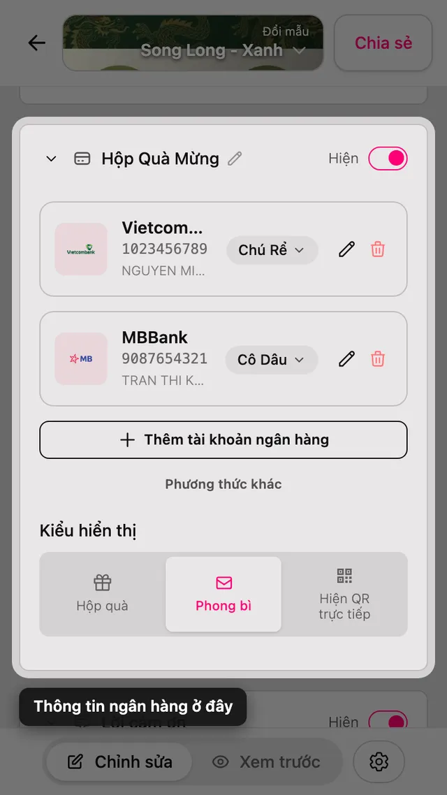 Phần thông tin mừng cưới trong trình chỉnh sửa