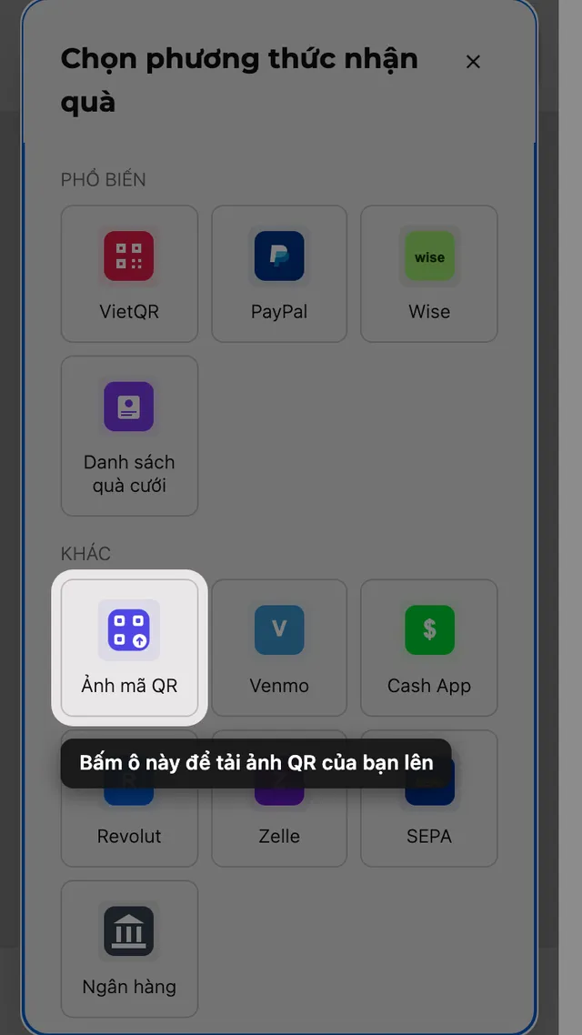 Ô tải ảnh mã QR trong bảng chọn phương thức mừng cưới